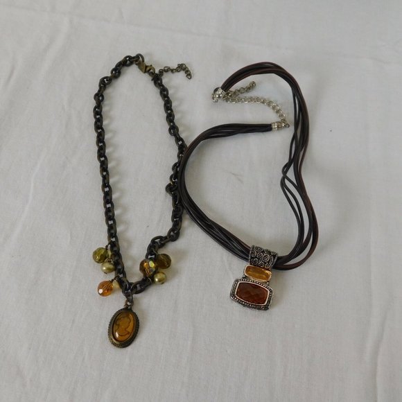 Cookie Lee Lot of 2 Necklaces Amber Orange Colors Cameo Brown Bronze Cord Chain - Picture 1 of 10